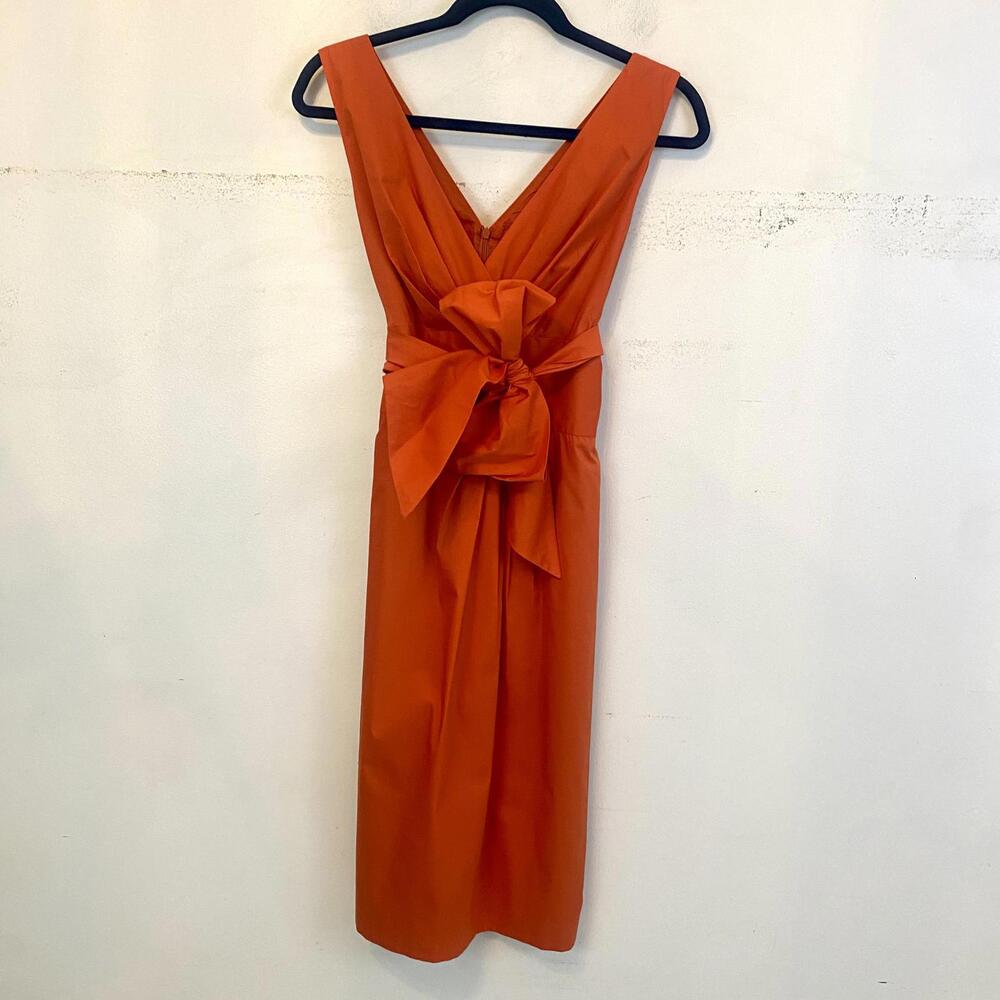 MAX MARA orange tie waist V-neck pleated dress sz 8 - Picture 2 of 8